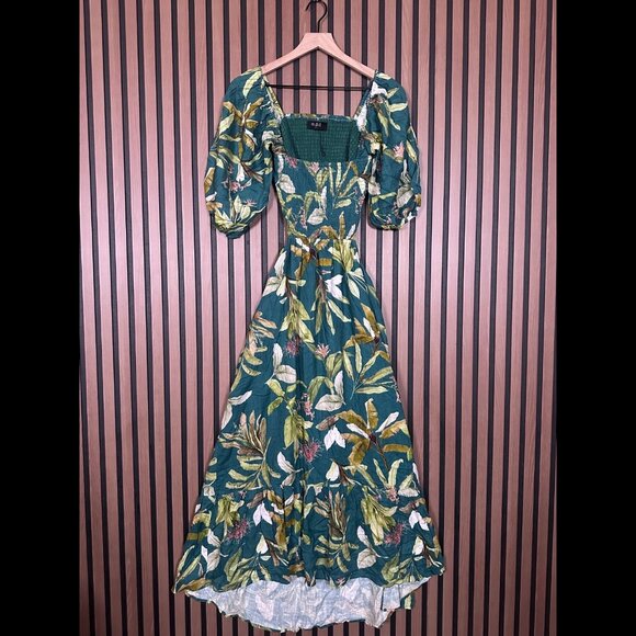 New O.P.T. Dress Large Womens Green Cut Out Maxi Garden Floral Linen Blend